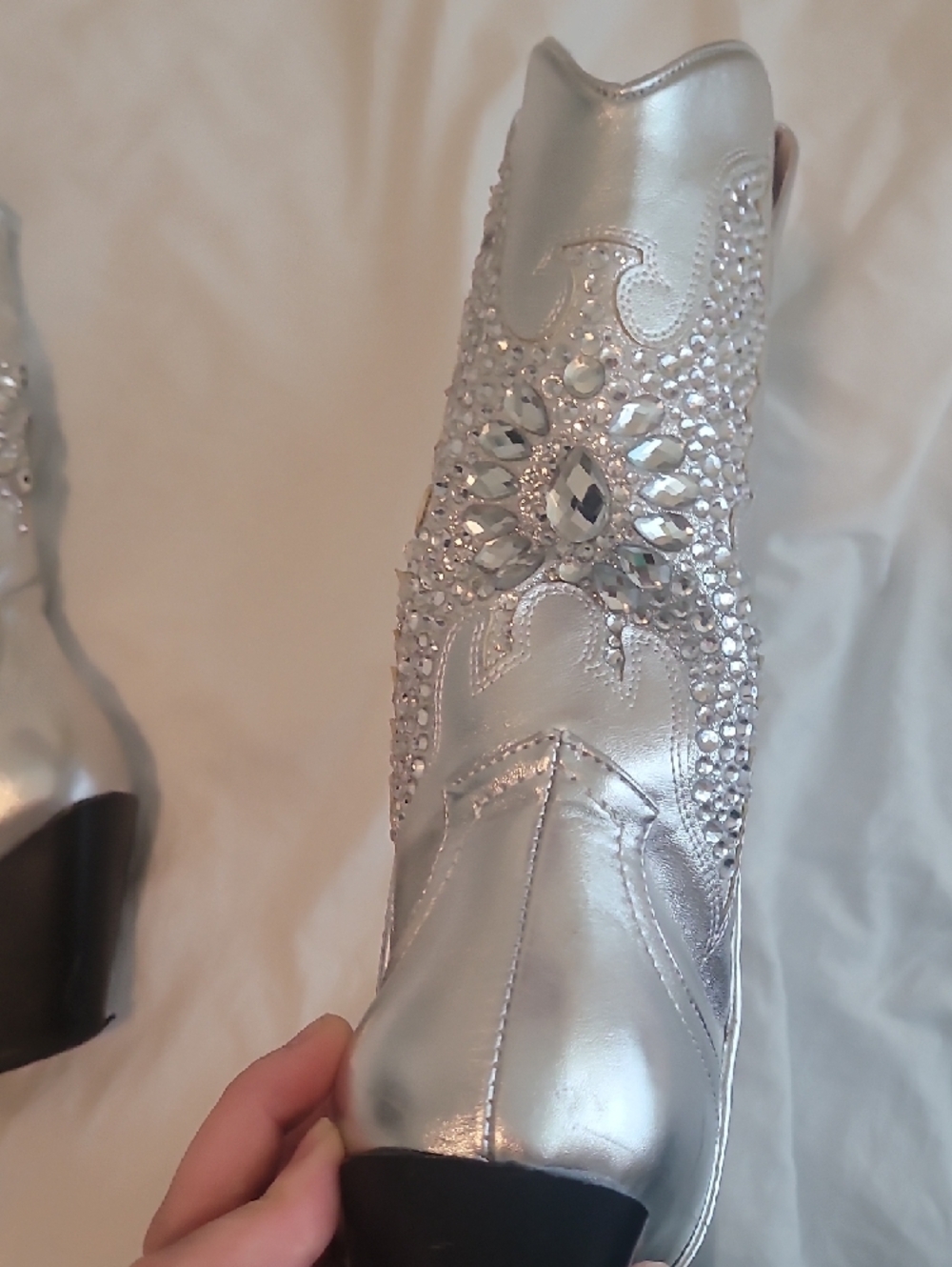 Silver Western-Style Mid-Calf Boot with Embellished Stitching - Picture 7 of 7